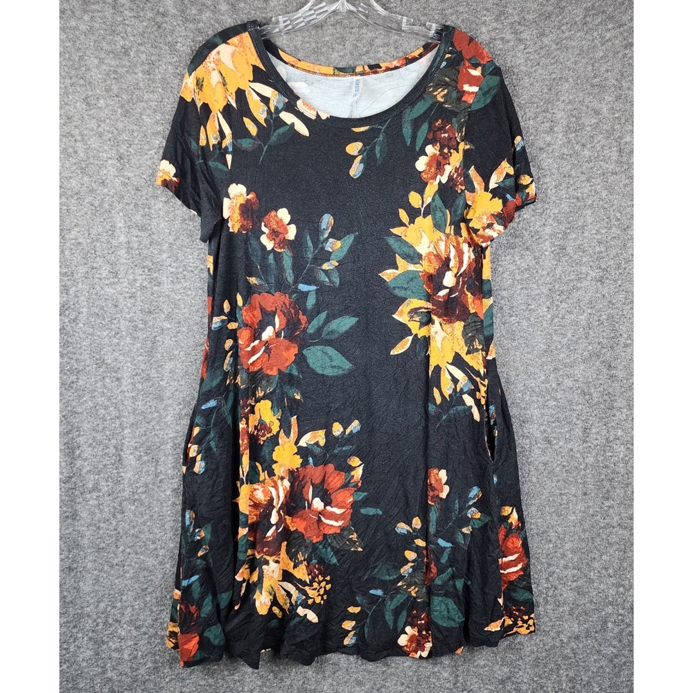 Korsis Floral T-Shirt Dress Womens Large Black Orange Short Sleeve Pocket A-Line